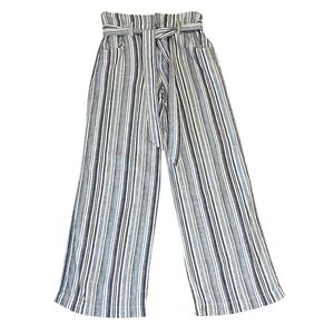 Gap Linen Blend Wide Leg Pants Blue White Stripe Belted Coastal Boho